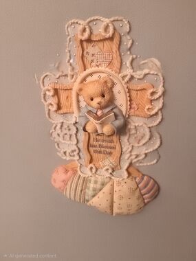 Cherished Teddies Pastel Peach & Cream Teddy Cross Plaque